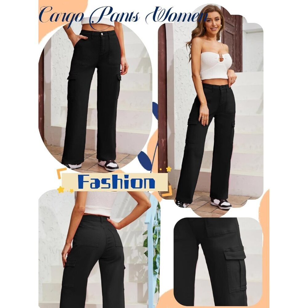 High Waist Cargo Pants Women Cotton Spandex Relaxed Fit Pockets Wide Leg - Picture 4 of 5